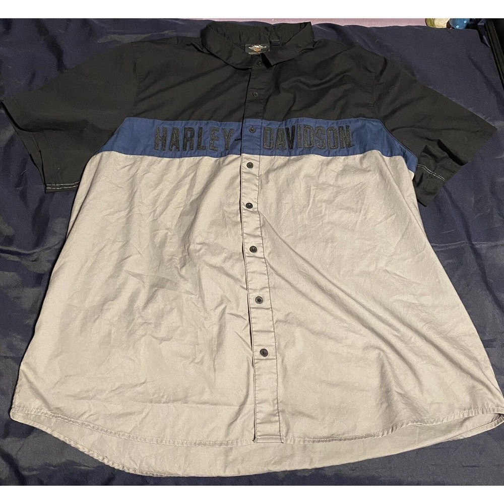 Harley Davidson Genuine Motorclothes Button Down Shirt Mens 4XL Blue/Black/Gray